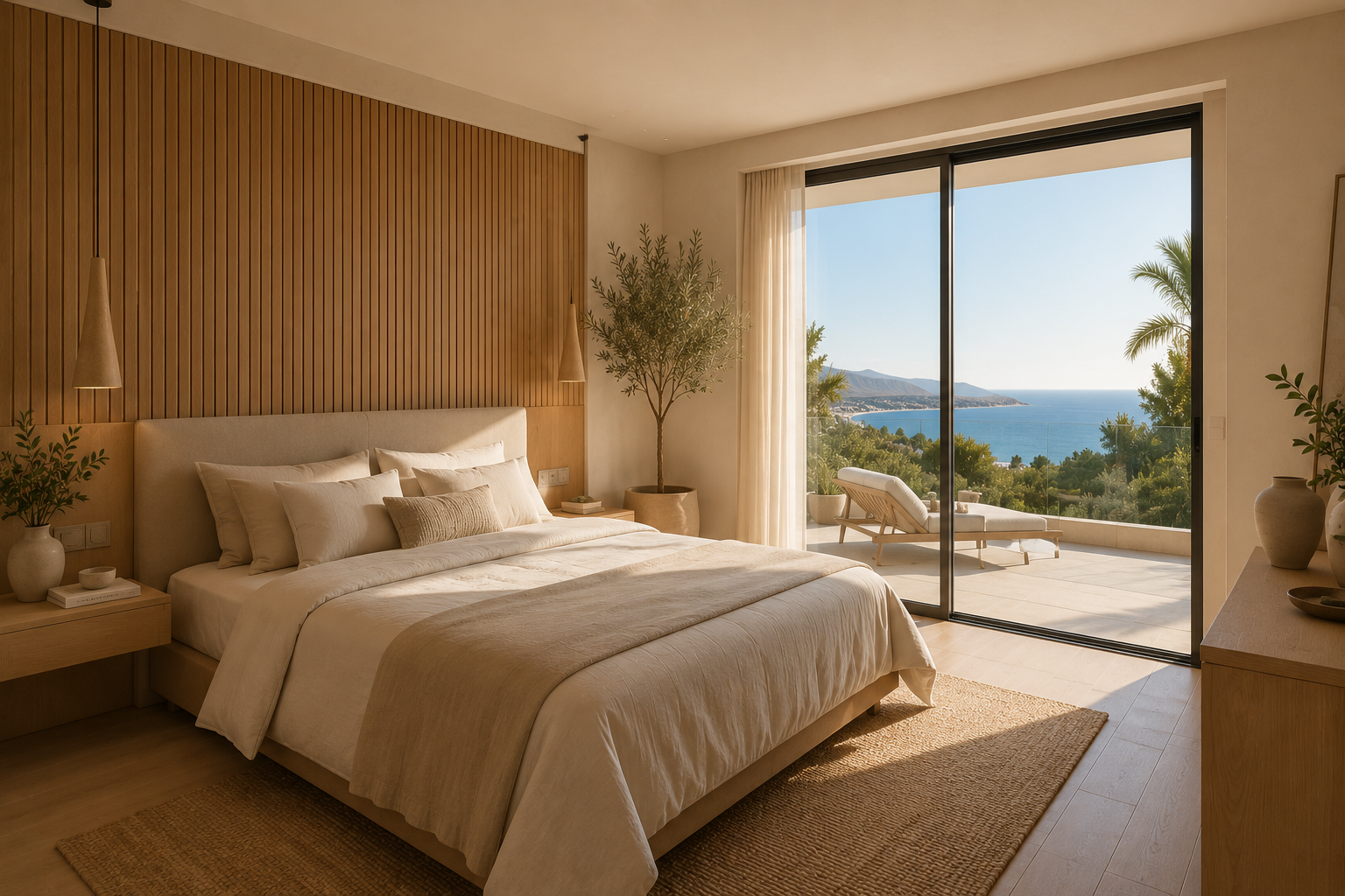 Bedroom with wood and ocean view