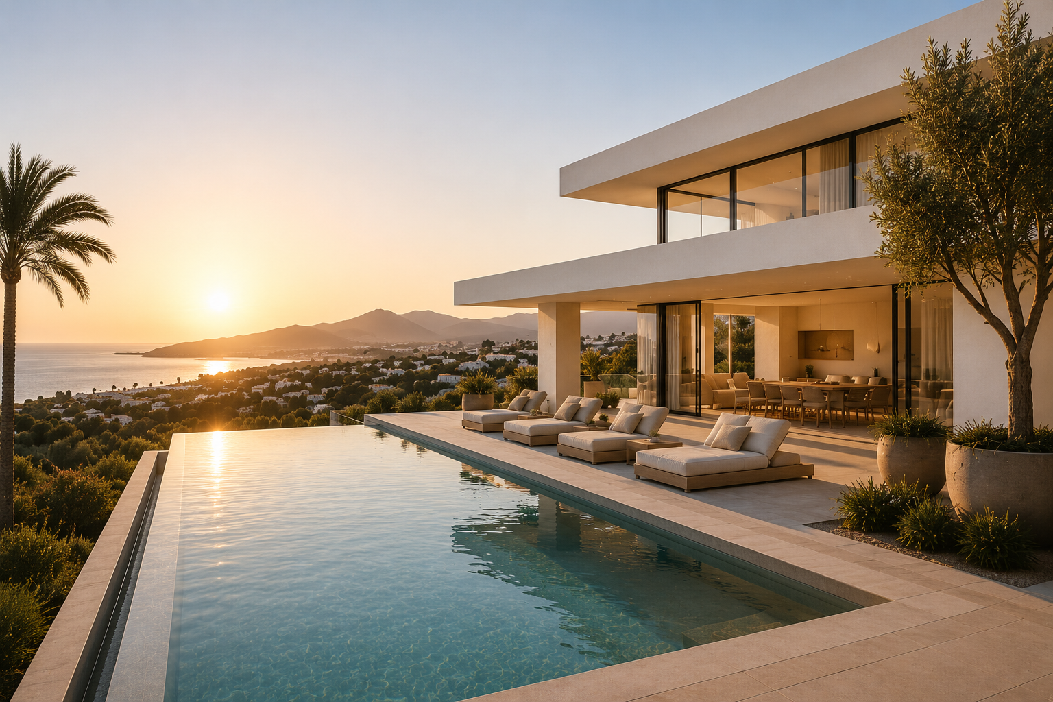 Villa with infinity pool at sunset